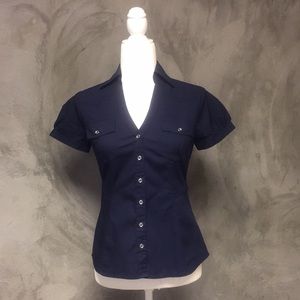 Vintage Express Navy Blue Buckle Button up Blouse NWOT